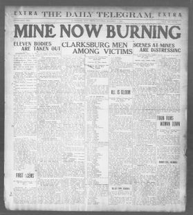 Front page of the The Daily Telegram, Saturday, December 7, 1907. Headline reads "Mine Now Burning"