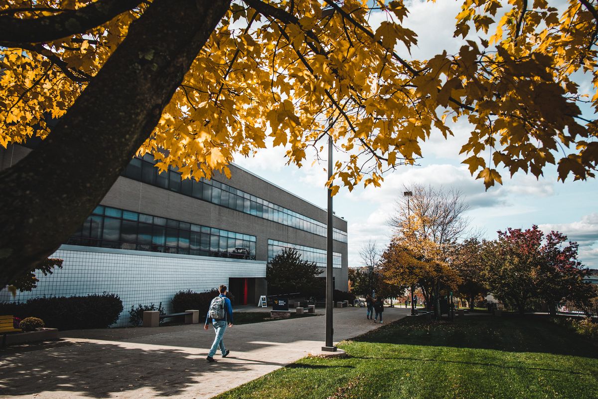 Photograph of the engineering building complex on the WVU Morgantown Campus. There is a tree with leaves changing color in the foreground. There is a student walking on the sidewalk near the multi-windowed building. 