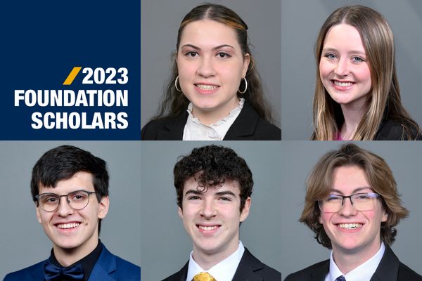Composite image of the 2023 WVU Foundation Scholars. The two female recipients are shown in the top row, and the three male recipients are underneath. 