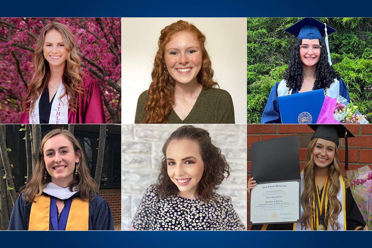Six female scholarship recipients are shown in a grid. Some women are wearing a cap and gown and others are in regular clothes. The women will use their scholarship funds to attend a graduate program.