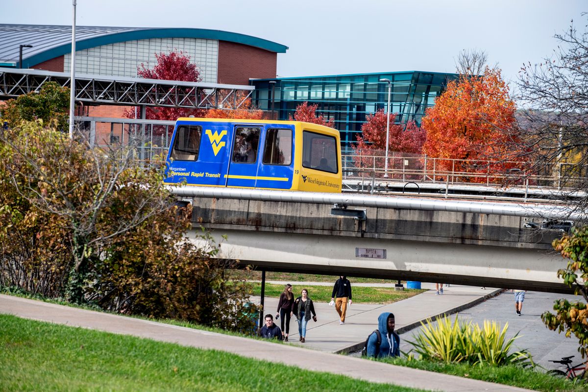 PRT car passing by the WVU Student Rec Center