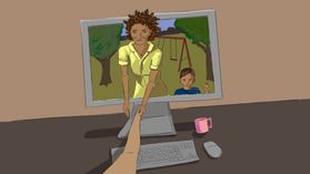 Illustration of a black woman and her son reaching through the screen to an isolated hand.