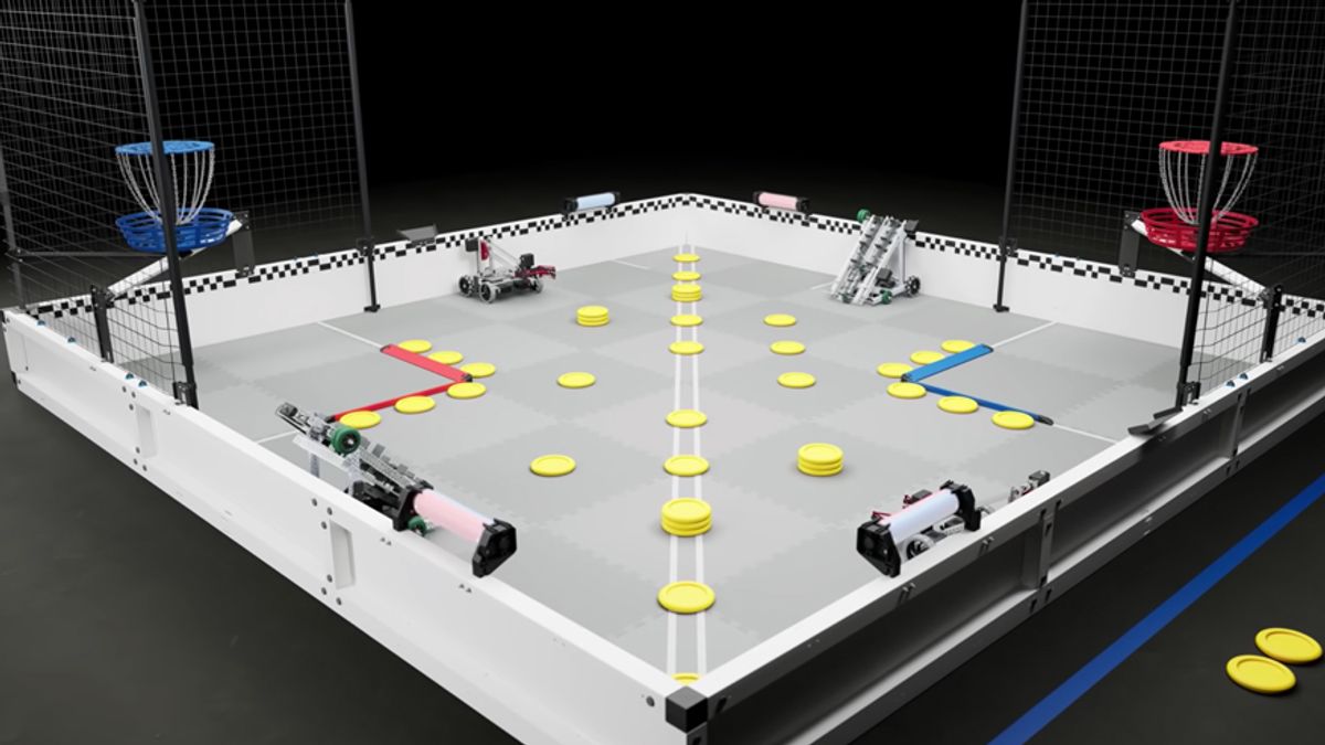 Image features a large table with bumpers around the edges and with an appearance similar to a basketball court. On each side is a different kind of small robot. Between the four robots are small yellow discs  