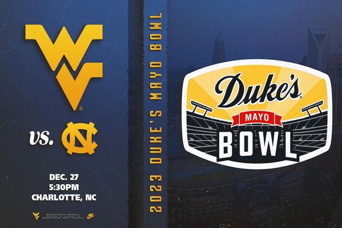 This is a blue graphic with Duke's Mayo Bowl on the right and a gold Flying WV on the left.