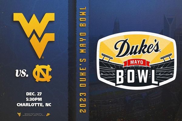 This is a blue graphic with Duke's Mayo Bowl on the right and a gold Flying WV on the left.