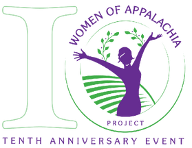 logo of the number 10 with woman in field and "women in Appalachia, tenth anniversary event"