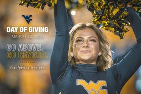 Illustrating featuring WVU dance team member dressed in a navy blue uniform and holding metallic blue and gold pom poms. Information about the Day of Giving campaign is in the space to her left. 