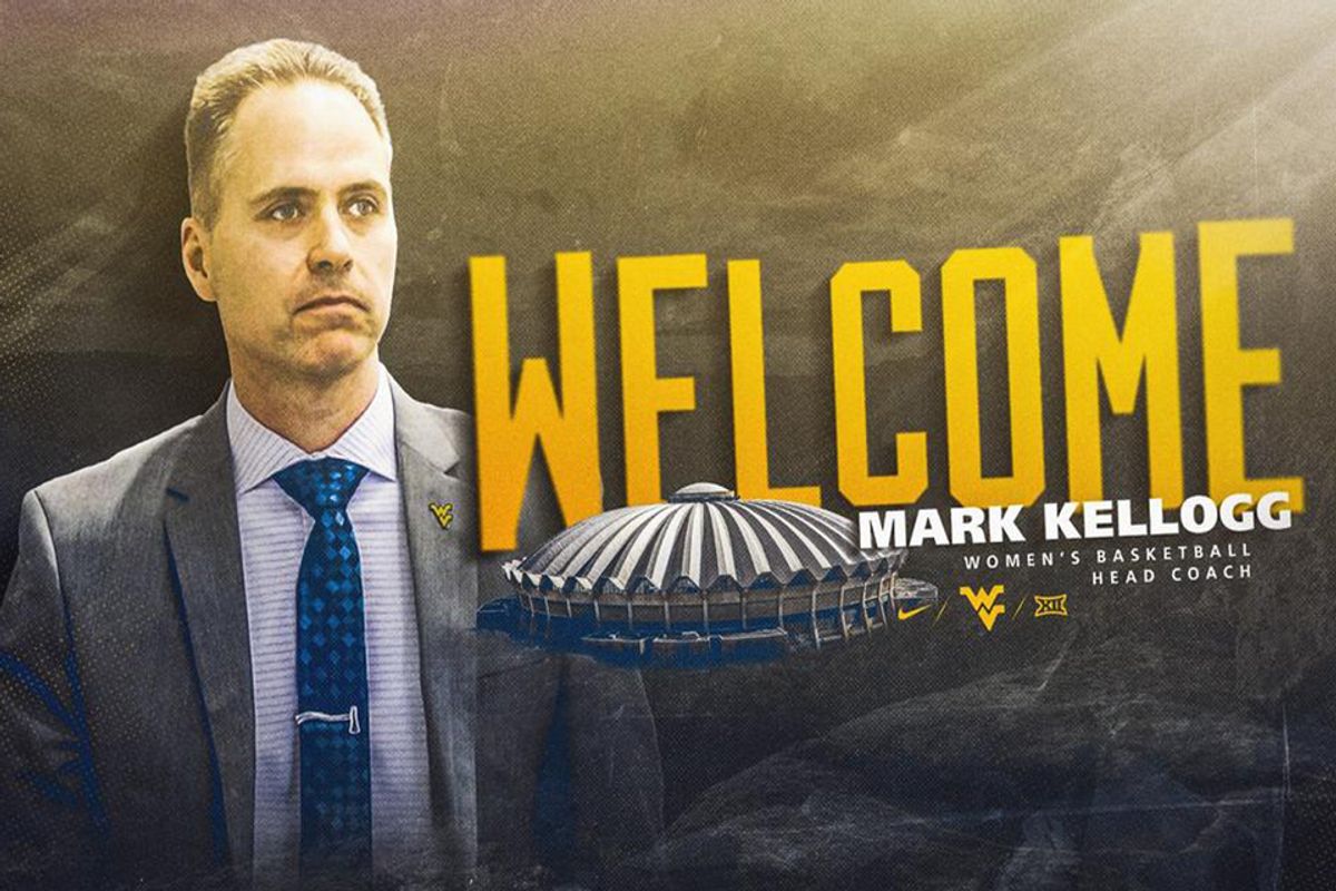 This is graphic that says 'Welcome Mark Kellogg.' Welcome is in gold while Mark's name and 'Women's Basketball Head Coach' is in white. The letters surround a picture of the Coliseum and a gold Flying WV in the center of the frame.
