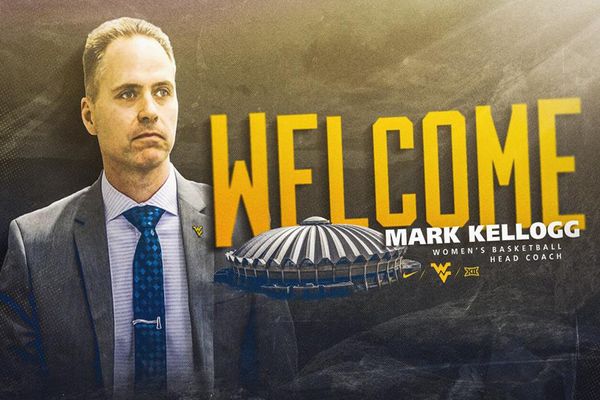 This is graphic that says 'Welcome Mark Kellogg.' Welcome is in gold while Mark's name and 'Women's Basketball Head Coach' is in white. The letters surround a picture of the Coliseum and a gold Flying WV in the center of the frame.