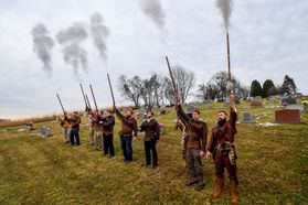 6 Mountaineer Mascots at Marvin Wotring funeral shooting rifles into the air