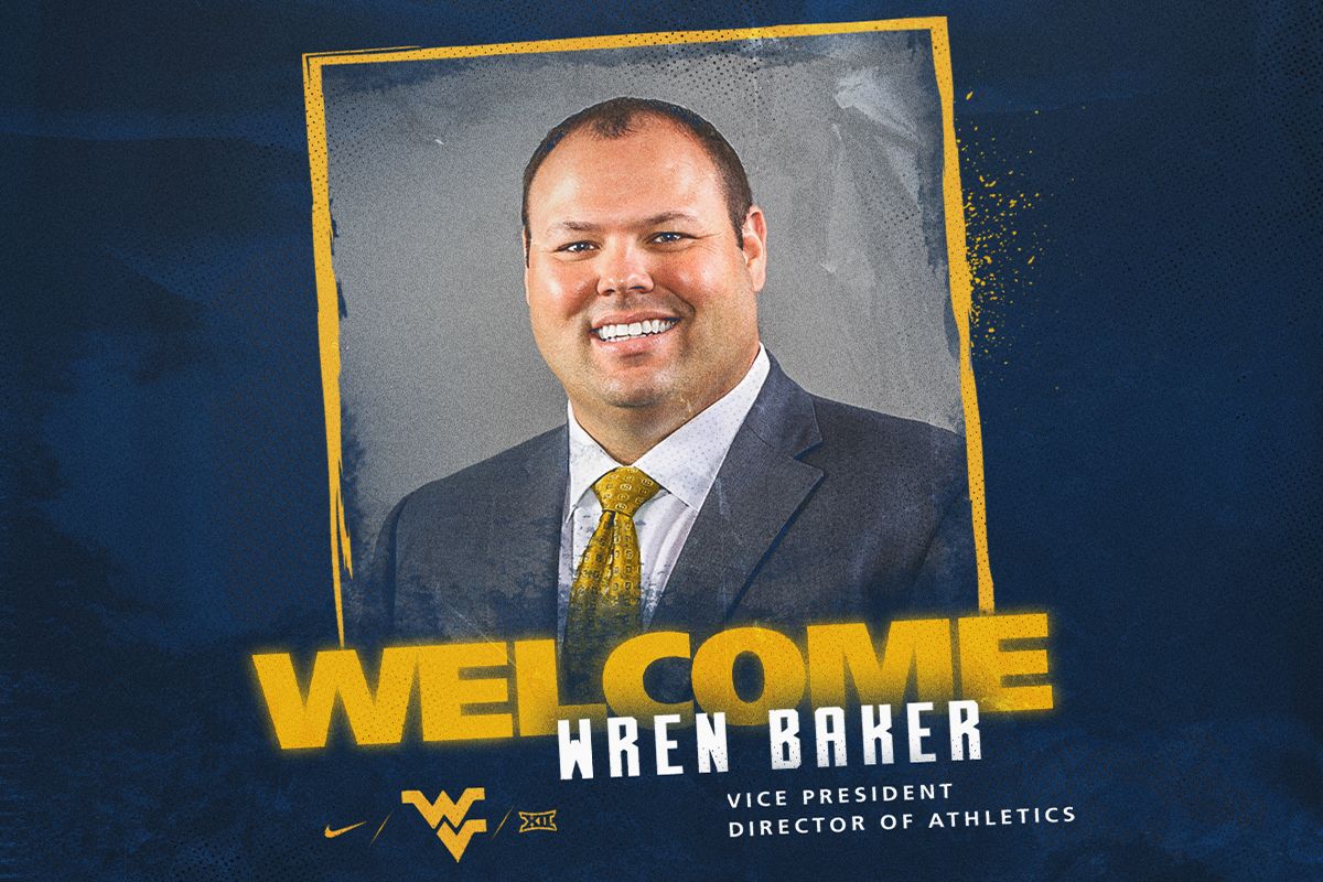This is a graphic welcoming Wren Baker to WVU. His portrait is in the middle. He is wearing a dark suit jacket and gold tie. The word 'Welcome' is in gold. His name in white on a blue background.