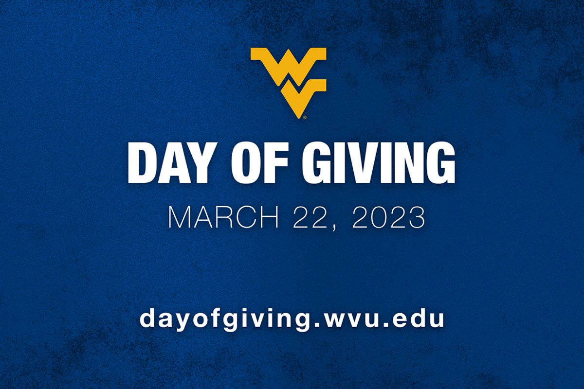 Graphic illustrating information about the 2023 WVU Day of Giving that will be held on March 22. The graphic is blue with white words and a gold flying WV.