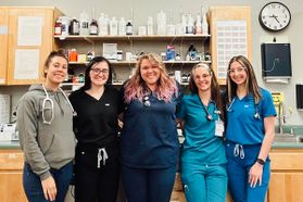 An image showing five female vet techs photographed inside an office space. All techs are wearing carious colored scrubs and are standing side by side. 