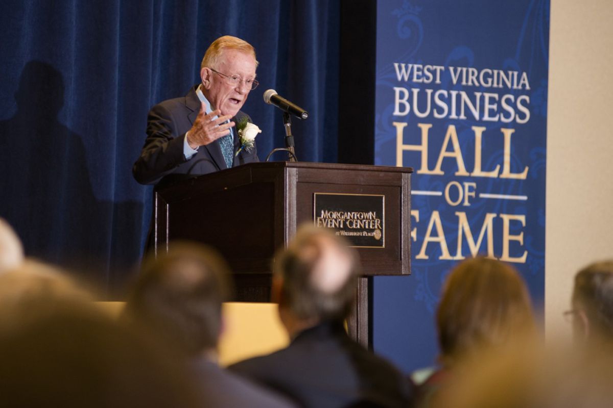 Photo of Don Panoz, Mylan Pharmaceuticals co-founder, speaks at past West Virginia Business Hall of Fame event. 