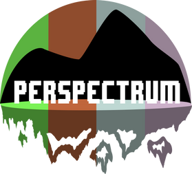 Perspectrum logo: "perspectrum" in white letters on black background with green, brown, gray and purple stripes