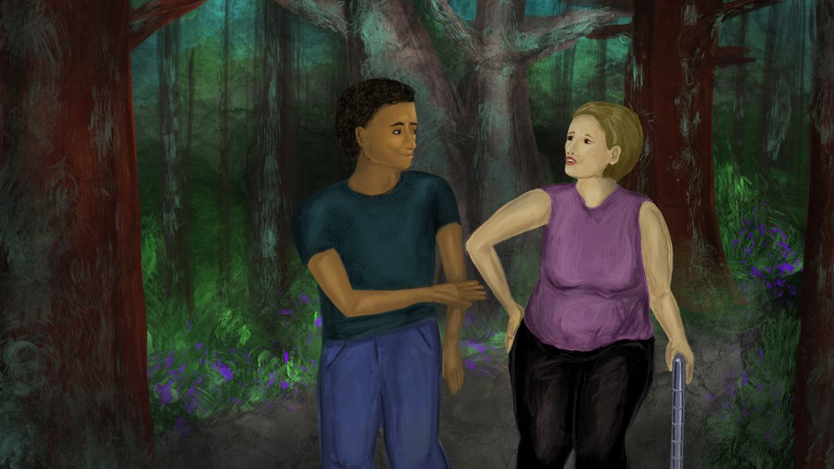 An illustration that looks like a painting of a middle aged woman walking with a cane with her hand on her hip as if she is in pain. She is being accompanied and helped by a younger man. They are walking together in the woods with trees surrounding them.