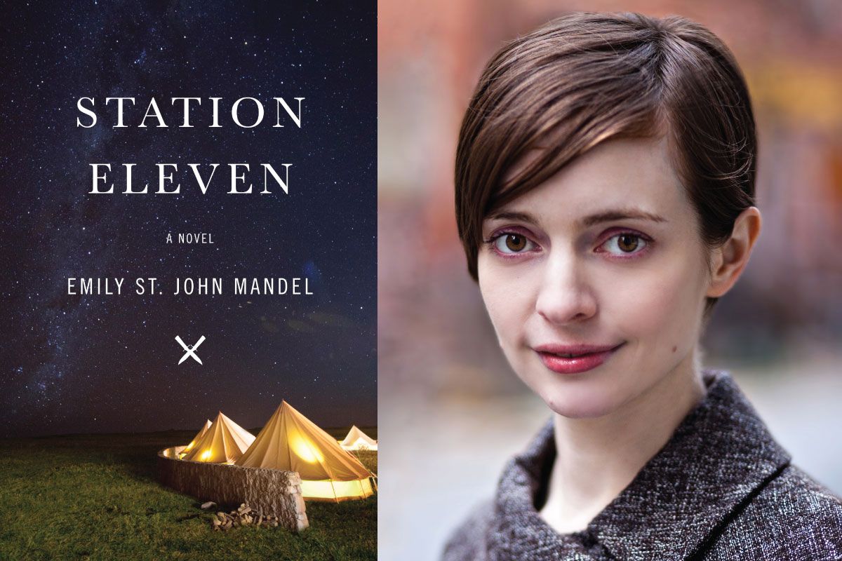 Composite image of Station 11 book cover-- black background, tan tents, title of the book and author next to woman wearing grey sweater with short brown hair