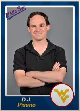 man with arms crossed in frame resembling baseball card
