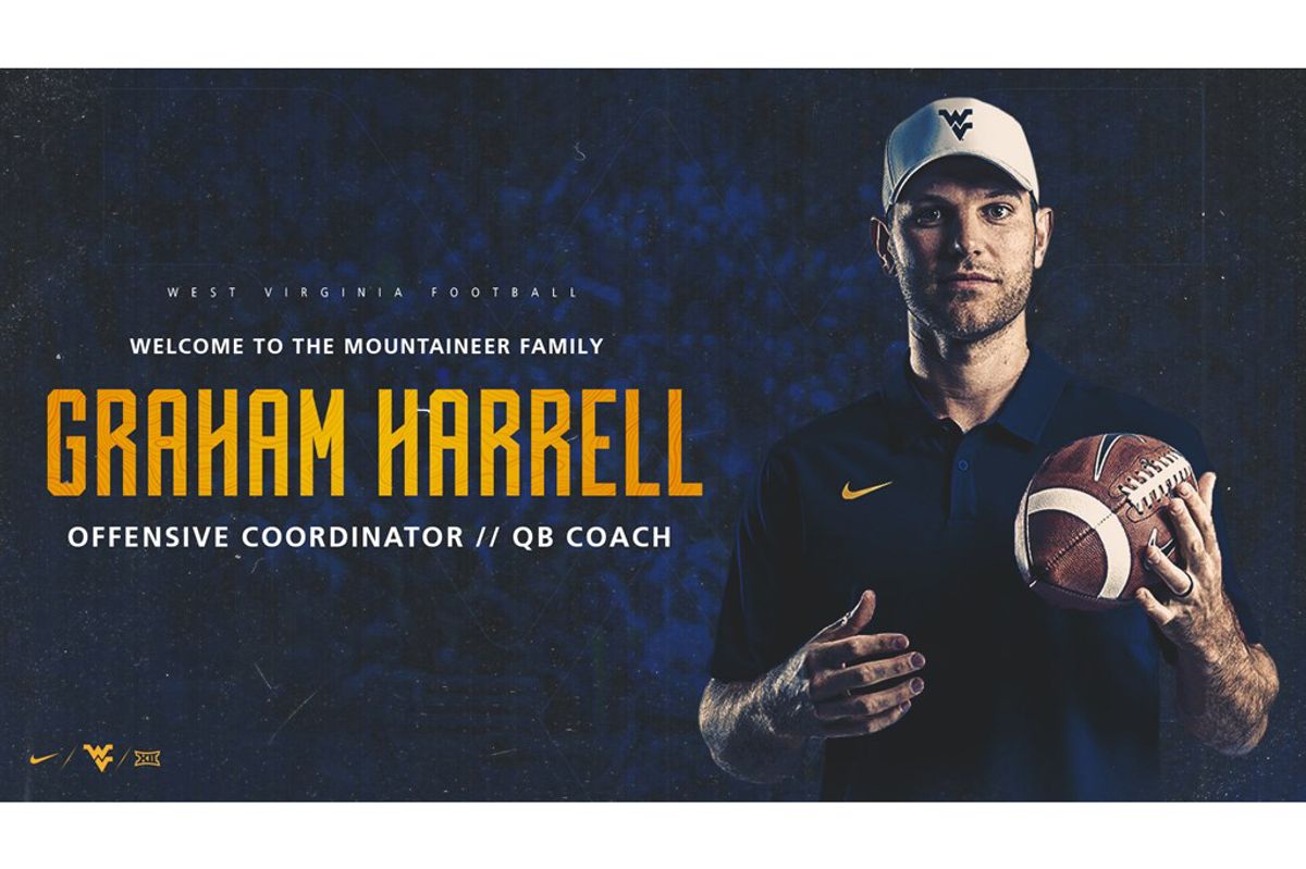 man holds football on right side, Graham Harrell in gold letters, all caps on the left