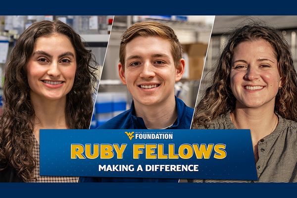 A graphic includes three headshots above a blocked area with the text, WVU Foundation Ruby Fellows Making a Difference.