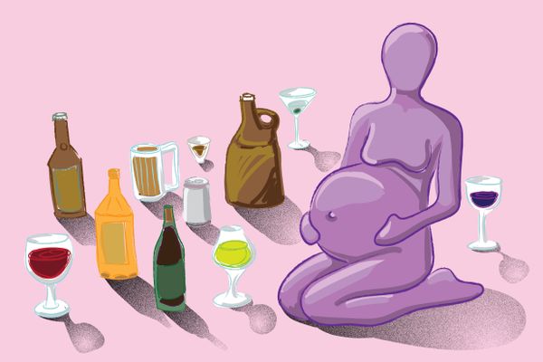 Artist illustration of pregnant woman sitting on floor with various alcohol drinks around her.