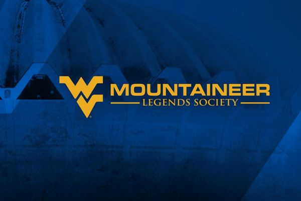 Gold flying WV logo on blue background with 