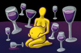 Artist illustration of a pregnant woman sitting on the floor surrounded by wine glasses.