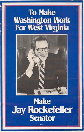 campaign poster, man in glasses on telephone