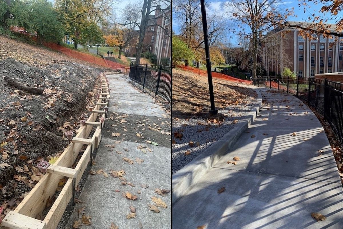 Two photos are shown side by side of work to a sidewalk at Martin Hall. On the left is the in progress work with wooden framing in place. The completed project with a smooth sidewalk is on the right.