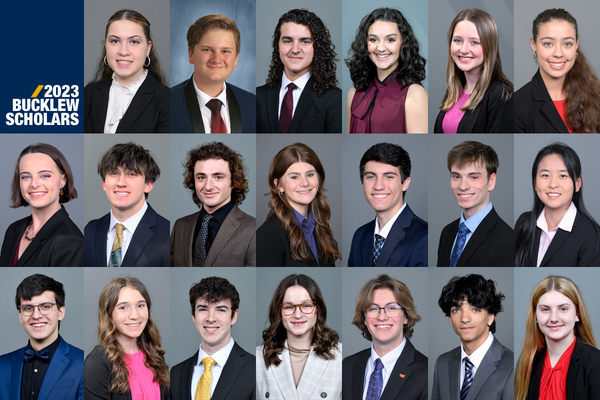 Composite of the 20 students chosen as the WVU Bucklew Scholars. They are organized in a grid pattern, with three rows of headshots. 