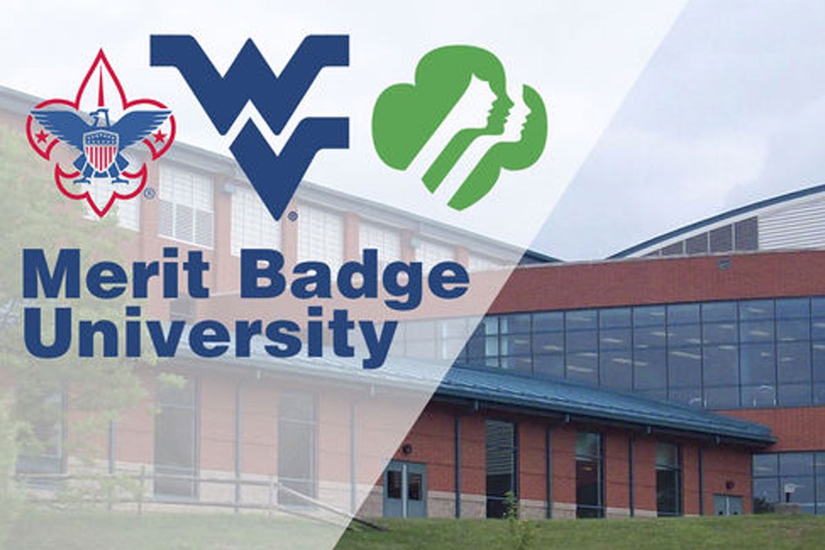 WVU student recreation center with Merit Badge University and flying WV logos over top of the image